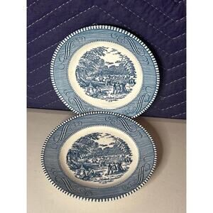 Lot of 2 Currier and Ives Blue plates